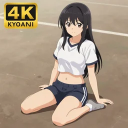 anime girl sitting at the ground, sport t-shirt, visible stomach, sport shorts, full body shot, artstation, kyoani, high resolution, 4k