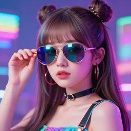 synthwave, retrowave, cute girl wearing aviator reflective sunglasses, perfection