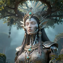 highly lifelike beautiful divine tribal high spirit queen with regalia adornments in a tree wide rayshade hdr, face axonometricy mechanical fantasy intricate elegant, in void of latent space, volumetric lighting 3 d modelling