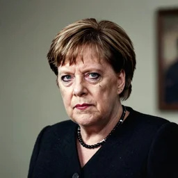 Medium shot portrait of goth Angela Merkel with makeup, facial tattoos, piercings and a mohawk, sneering at the camera, key lighting, F 1.8, Kodachrome