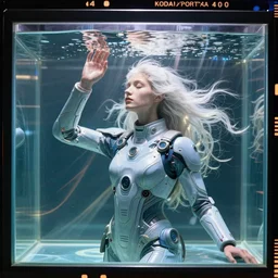 kodak portra 4 0 0 photo of futuristic female soldier eyes closed posing like ventruvian woman in water inside glass tank. wearing light blue complex hyper detailed technical suit. white hair flowing. reflection. rays and dispersion of light. volumetric light. 5 0 mm, head in focus, ultra realistic, wide angle. rudolf herczog