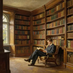 interior architecture of a mansion library, man reading a book, by Thomas Kinkade