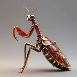 complex 3 d render of a beautiful porcelain robot - praying mantis. red gold and black, fractal veins. dragon cyborg, 1 5 0 mm, beautiful natural soft light, rim light, gold fractal details, fine lace, fractal, anatomical, glass, facial muscles, elegant, ultra detailed, metallic armor, octane render, depth of field