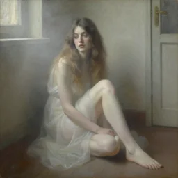 a portrait of beautiful woman sitting on the floor, inside an old apartment, detailed oil painting, misty, ethereal, soft lighting, by craig mullins and alphonse mucha and jeremy mann