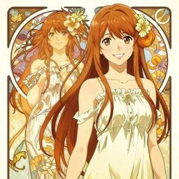 Smiling Kurisu Makise tonemapped in the style of Ayami Kojima and Alphonse Mucha