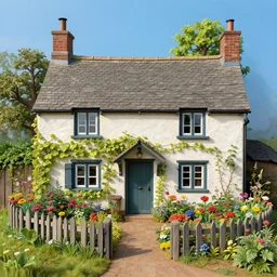 folk art, old english cottage, flower garden, lowbrow, matte painting, 3 - d highly detailed, style of thomas kinkade, greg simkins