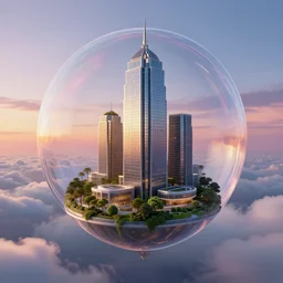 unique skyscraper inside a bubble, floating on clouds, realistic 3 d render, unreal engine, gardens, ecofuturism, solarpunk, maya, 8 k, vmax, award winning, trending on artstation, smooth, sharp focus, octane, twilight sunset background