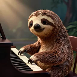 sloth playing the piano in style of disney animation, disney, pixar
