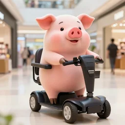 photo of a anthropomorphic pig on a mobility scooter in a mall
