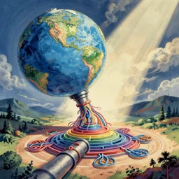 colorful lithograph of a globe being sucked into a pipeline leading to a layered neural network