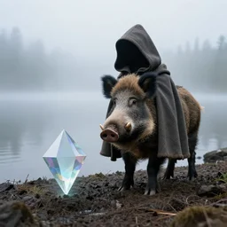 a boar, wearing a hooded cloak, stands next to a levitating prism, foggy lake, by alan bean