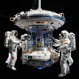teleportation machine on a spaceship, with astronauts testing it out in space