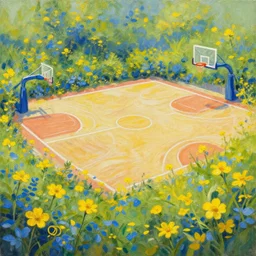 a painting of a basketball court with yellow and blue flowers, trending on artstation