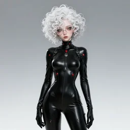 pandemonica from helltaker, curly white hair, clear glasses, donning a tight black latex suit with small red accents, long sleeves, turtleneck, tired look, art, trending on artstation, helltaker artstyle