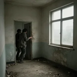 a small long room the room is dirty in the right side there is a window you can't see anything because there's a fog in the right window in the left side there is a door in the other side of the door they are a couple of zombies getting the door the door is almost broken because of the zombies