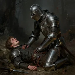masterpiece a knight kneeling over his fallen friend and crying crying crying, by Greg Rutkowski Thomas Kincade, detailed, 4k, cinematic, intense, gritty, fantasy, melancholy