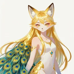 portrait from an anime of an ethereal colorful gold blue starry peacock fox spirit hybrid character accented in bright metallic gold, wearing star filled magic imbued mage robes, art by yuji ikehata, background art by miyazaki, serious cartoon, proper human proportions, fully clothed