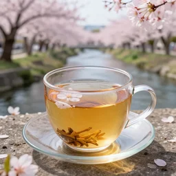 photo of sakura cherry blossom tea outdoors near river, beautiful, high detail, recipe, cinematic