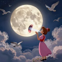 matte painting of a full moon with its mouth open blowing air, surrounded by clouds, birds eye view, highly detailed, disney, style of maxfield parrish, in the style of lady and the tramp
