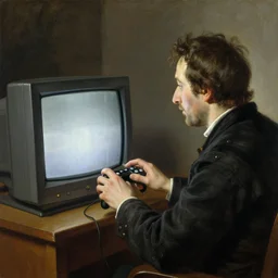Portrait of a man playing a video game on a CRT television. Painting by Rembrandt. Intricate details. hyper realism. Masterpiece.