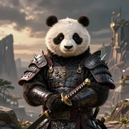 a portrait an anthropomorphic panda samurai holding a katana, wearing armor with spiked shoulders, landscape in background, dnd character art portrait, world of warcraft style, by peter mohrbacher, cinematic lighting