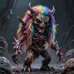 a brutal terrifying and mysterious weird toy monster of chaos warped in horror with long rainbow - colored hair, her skin has gaps, spikes, and complex alien textures, terrifying and mysterious