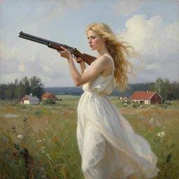 mysterious blonde woman in hot dress in the swedish countryside, holding a shotgun!!!, freedom, scenic, beautiful, masterpiece, highly detailed, painting by vladimir volegov