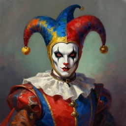 medieval jester, colorful, sinister, digital art, painting, portrait,