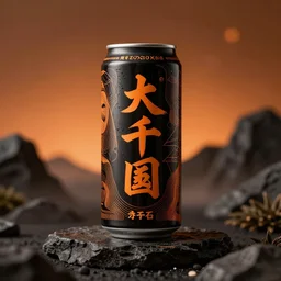 japanese traditional futuristic alcohol can design, black and orange colour palette, octane render, bokeh, depth of field, product shot