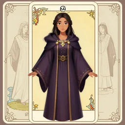 masterpiece head-on symmetrical centered painted portrait, Maya Ali as D&D Mage, RPG game portrait style, wearing wizard robes, elegant, tarot card background, in the style of ROSSDRAWS and Ruan Jia and Ross Tran and Alphonse Mucha and Ayami Kojima and Charlie Bowater and Karol Bak and Jean Delville, pixar, maya engine, splash comics, global illumination lighting, rich bright colours