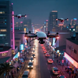 3 d vfx art of flying drones above - a neon lit - bustling lagos urban street - in nigeria, cinestill 8 0 0 t photograph, illustration in the style by philippe bouchet, unreal engine render, digital illustration, sharp, intricate detail, volumetric light, ray tracing, soft light, colourful