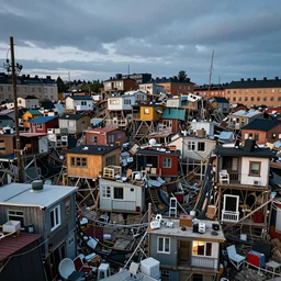 photo a huge hastily built shanty town in skanstull, stockholm sweden. cables, furniture, electronics, ikea, tiny housing, small spaces, crowded, dramatic lighting, dusk, archviz.