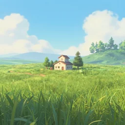 A serene landscape with a singular building in the style of Pixar