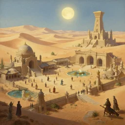 the elder scrolls vi hammerfell, hamlets, marketsquare, desert mesa, oasis, sand dunes, ruined temple, illustration, rim light, top light, perfectly shaded, soft painting, art by krenz cushart and wenjun lin