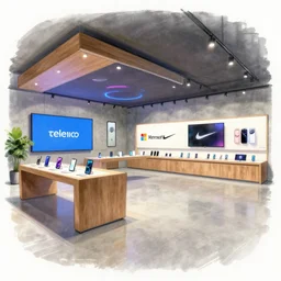 sketch by osamu tezuka!! of 2 0 3 0 s flagship retail interior. experience. telco digital screens phones. wood, polished concrete, neon, ceiling spots. plants. samsung microsoft apple nike adidas tesla muted colors