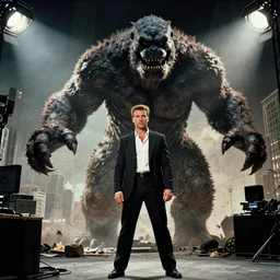 film footage of pierce brosnan as giant monster destroying a city, 8 k, 8 5 mm f 1. 8, studio lighting