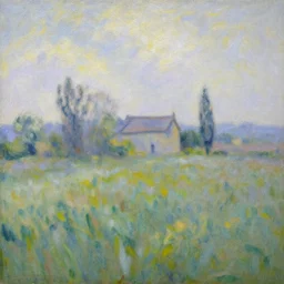 A serene landscape with a singular building in the style of impressionism