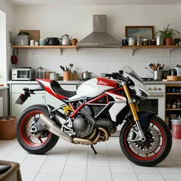 huge ducati panigrale motorbike, crammed into cluttered cozy kitchen, white tile on the floor, overexposed, by trent parke, prize winning color photo