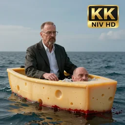 Saul goodman in a boat made out of cheese floating in the sea of blood while walter white tries to swim, hyperrealistic, 8k UHD , award winning, sad , emotional, sharp focus, smooth image