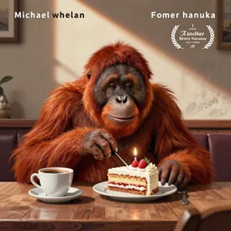 travel poster artwork by michael whelan and tomer hanuka, rendering of red orangutan as restaurant visitor drink coffee and eating birthday cake in form of lighthouse, high contrast, full of details, by makoto shinkai and thomas kinkade, matte painting, trending on artstation and unreal engine