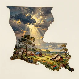 A map of the state of Louisiana, oil painting, showing Cajun culture