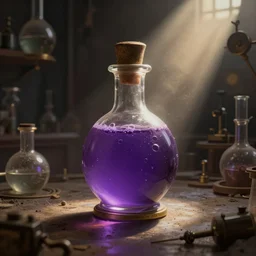 a steampunk painting of a vintage purple potion bottle, lit by a single ray of sunlight in a dark dusty vintage science lab, by h. r. giger, hyperrealistic fantasy art, concept matte, ethereal, dreamy, digital art, trending on artstation, volumetric cinematic lighting