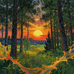 landscape forest sunset splash art graphic design color splash high contrasting art, fantasy, highly detailed, rule of thirds art by vincent van gogh and bob ross