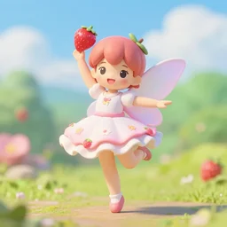 a femo figurine of a cute funny strawberry fairy with a frilly floral dress featured on yotsubato by hayao miyazaki, pastels, wide angle, dynamic dancing pose, 🎀 🍓 🧚
