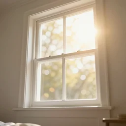 photo of interior design house, super detail of a white window in a bedroom, close up, view from bottom, sunday morning, sun, bokeh, lens flare, yellow light, diffuse light, instagram trending picture, instagram filter, professional photography, f 1. 2, 1 0 0 mm