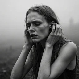 award winning photo of some exhaustion as lars von trier would depict it, she is 2 3, skinny and beautiful and listens to oathbreaker, she is full of hatred, photo, black and white, the background is unsafe, insanely detailed, closeup, refined, foggy like in norwegian black metal aesthetic