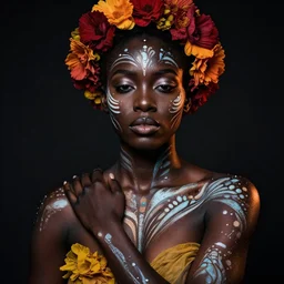 a portrait of a black warrior woman with body paint, fractal shapes, dramatic light, cinematic lighting, flowers,