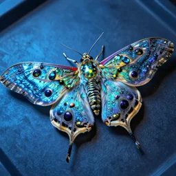 high quality macro photo lowbrow iridescent moth! jewelled gorgeous! highly detailed david ligare elson peter cinematic blue neon lighting high quality low angle hd 8k sharp shallow depth of field