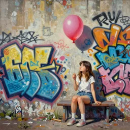 A mixed media painting of graffiti wall of girl waiting with balloon, by Frank Frazetta, Greg Rutkowski, Beeple, kawaii, post-processing, low angle, masterpiece, cinematic, isometric, volumetric lighting