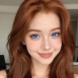 selfie of a beautiful woman with auburn hair and blue eyes, smiling at the camera, 4 k, anime digital art